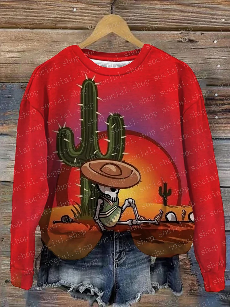 Women's Western Cowboy Skeleton Crew Neck Sweatshirt socialshop