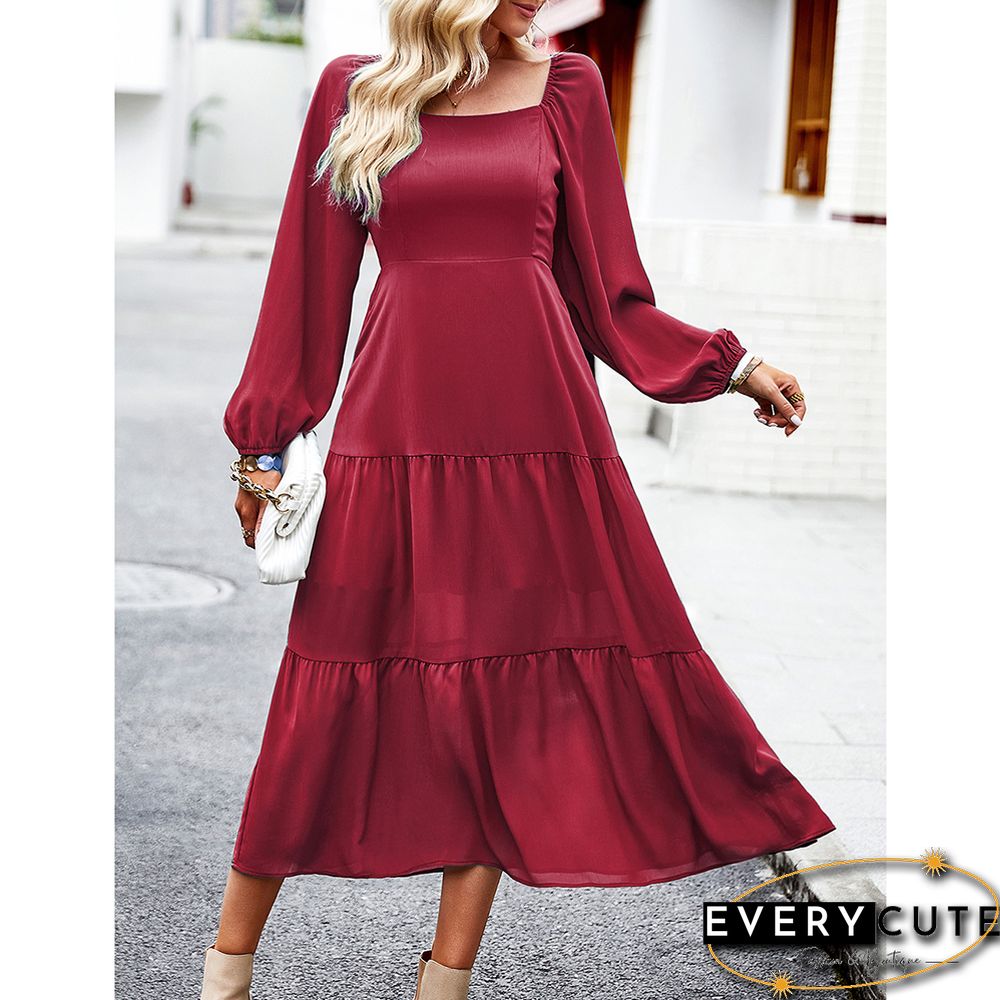 Burgundy Solid Square Neck Pocket Long Sleeve Dress