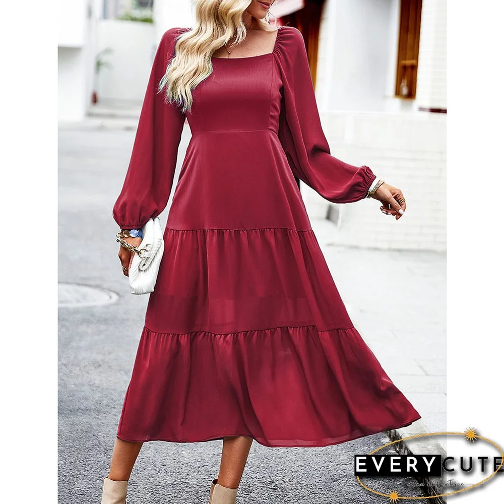 Burgundy Solid Square Neck Pocket Long Sleeve Dress