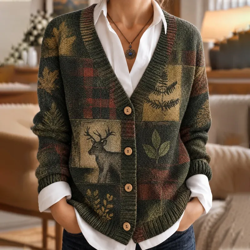 Comstylish Women's Bohemian Vintage Plaid Deer Plant Floral Cardigan Sweater