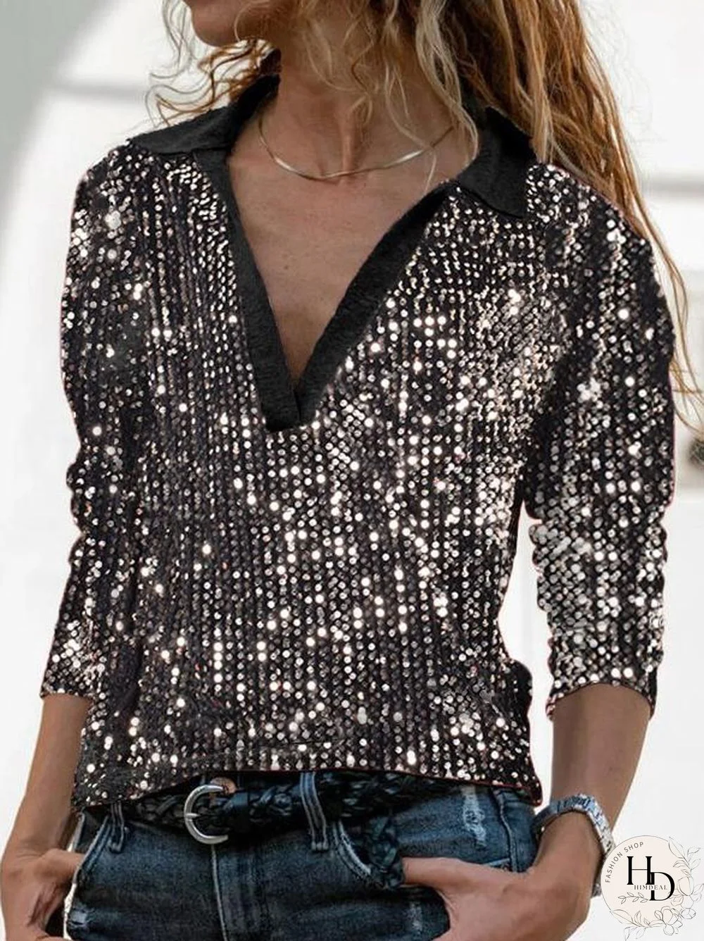 Black Lapel Women Sequin Top