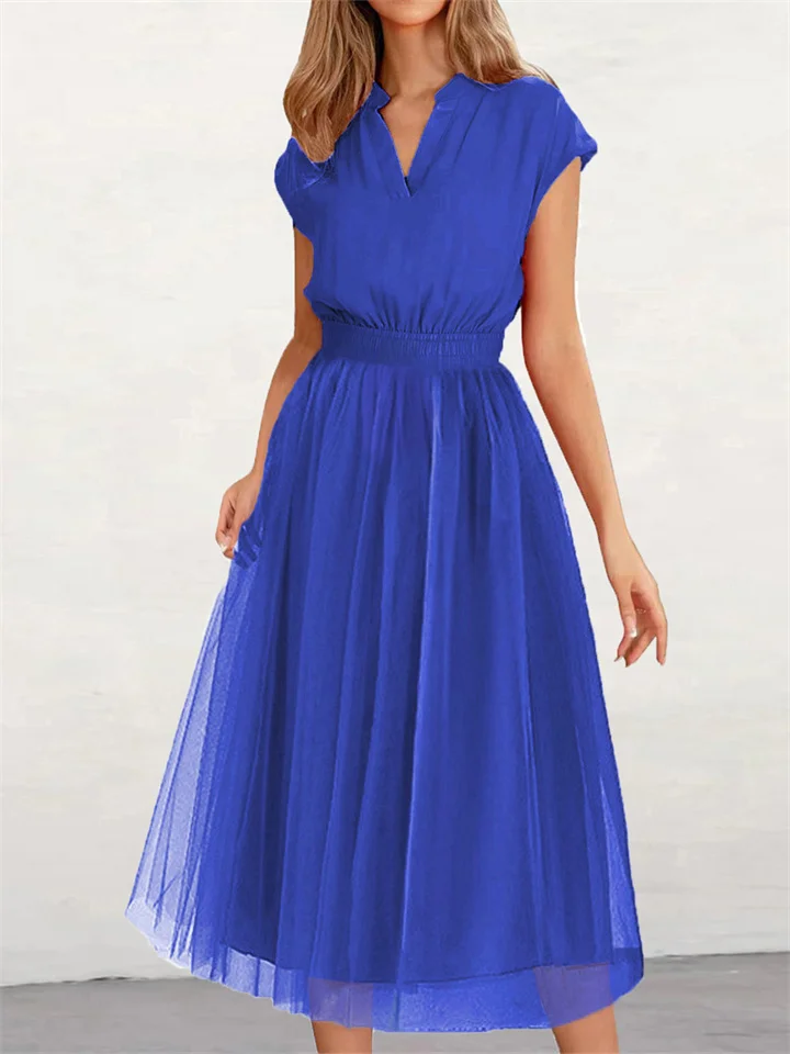 Women's Summer Elegant Fashion V-neck Girdle Gauze Net Dress Solid Color Dress Blue Red Black Yellow Pink S-3XL-Cosfine