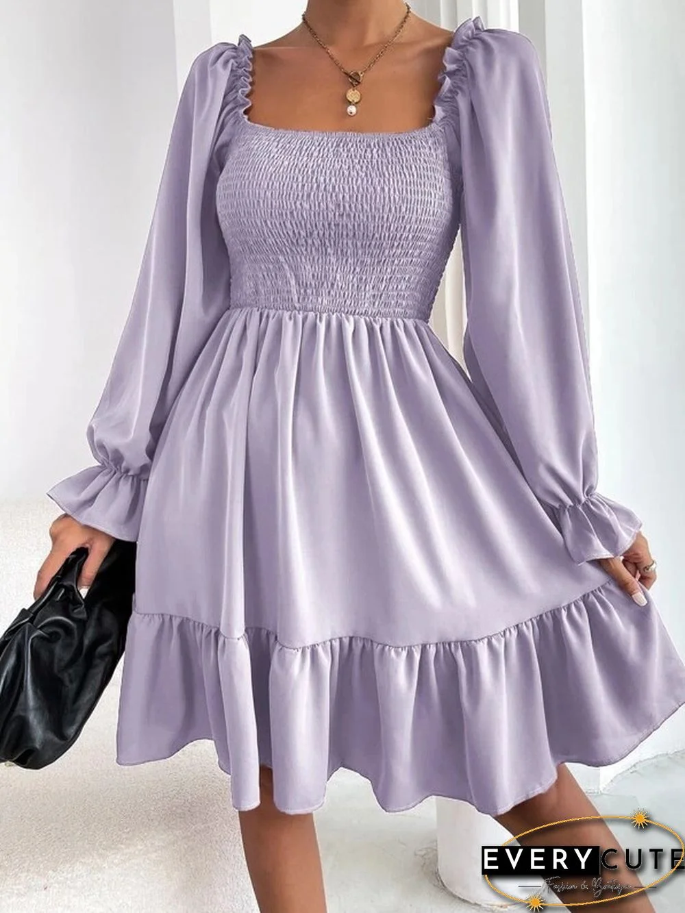 Light Purple Square Neck Short Sleeve Ruffle Mini Dresses