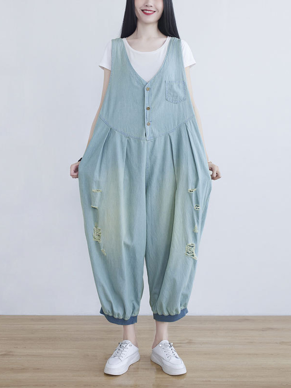 Single Breasted Button Sleeveless V Neck Wide Leg Denim Jumpsuit