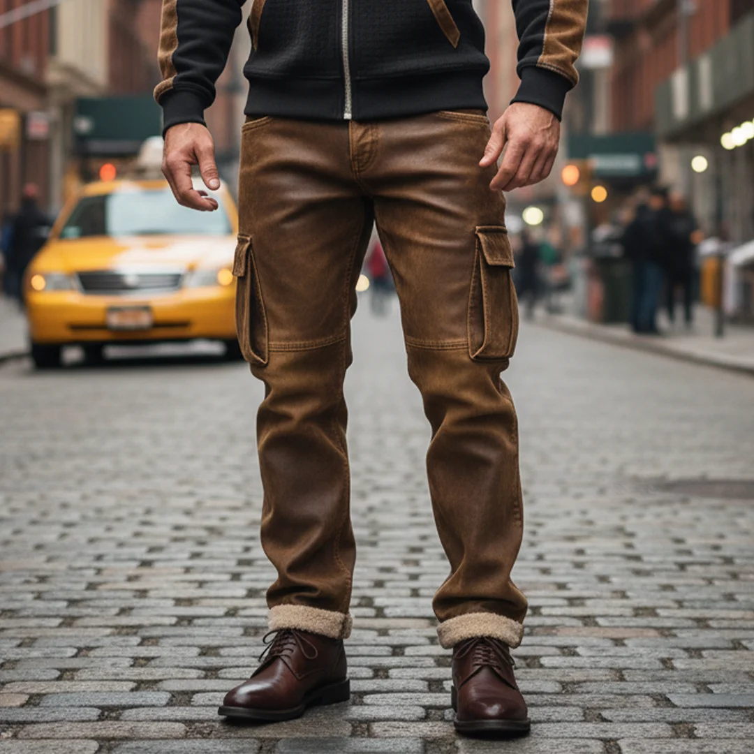 Men's Vintage Brown Leather Cargo Trousers With Wool Decoration