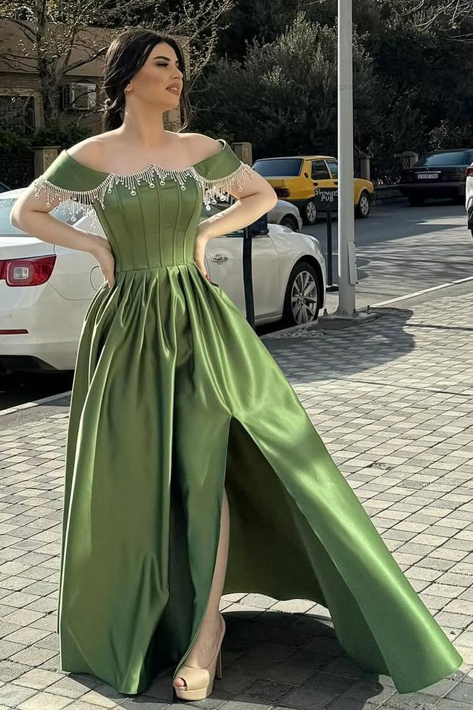 Oknass Off the Shoulder Sleeveless Long Split Prom Dress With Pleated Beading