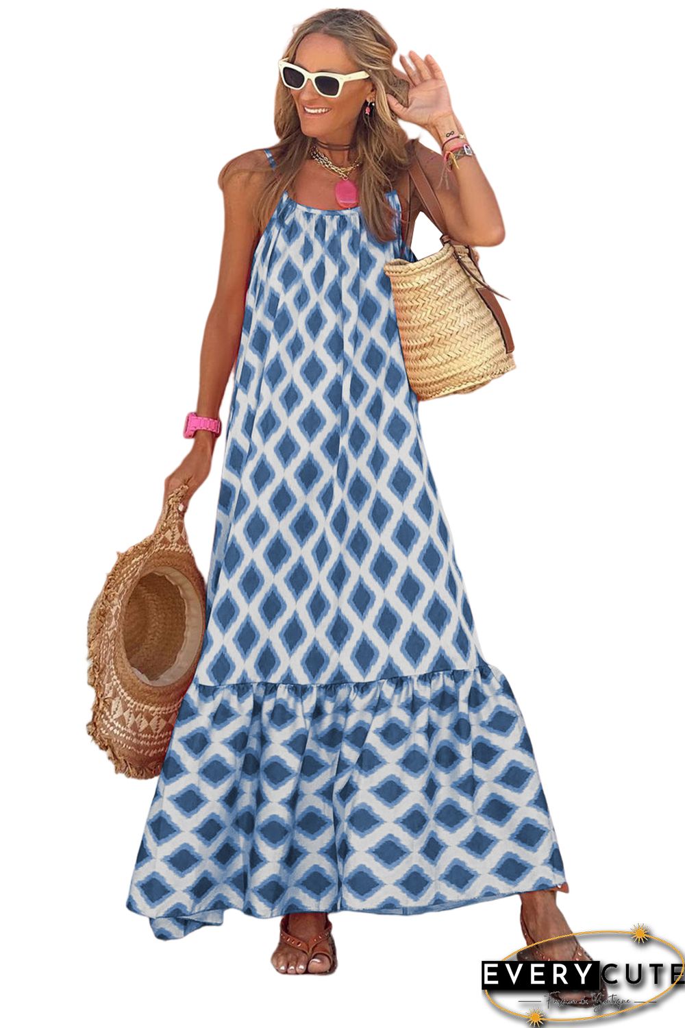 Blue Geometric Print Loose Fit Sleeveless Maxi Dress