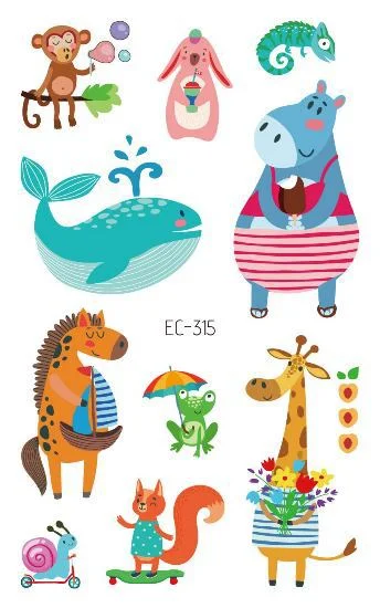 24 kinds Cartoon Animals Temporary Tattoo Stickers for Kids Lion Tiger Giraffe Elephant Fox Hedgehog Turtle tatouage temporaire