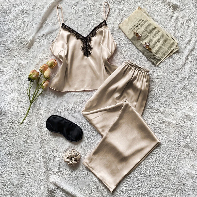 Women's Loose Imitation Silk Sleepwear Four-Piece Set