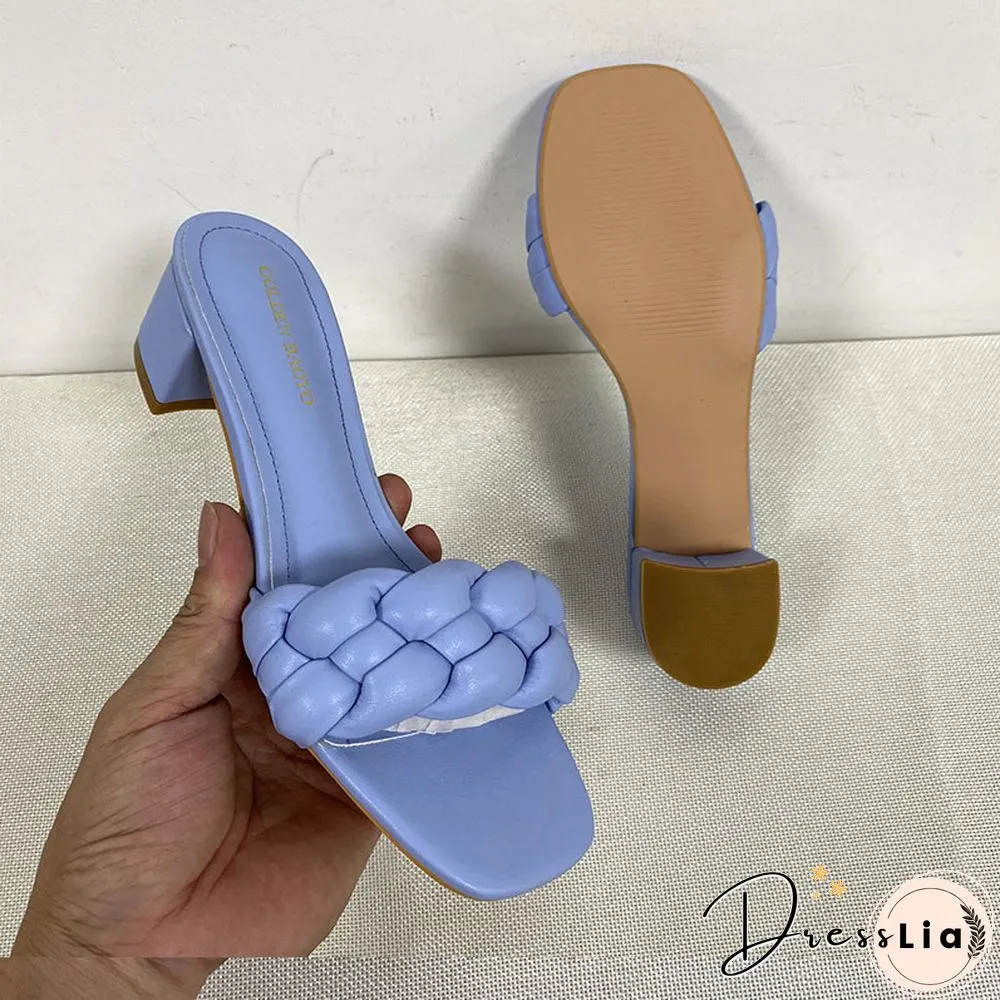 Summer Solid Weave Women Square Heel Sandal Fashion Thick High Heels Gladiator Outdoor Party Slides Ladies Sandals Shoes