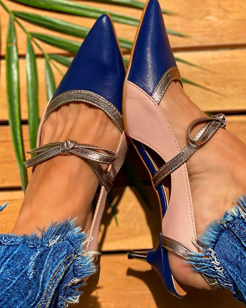 Colorblock Pointed-toe Bowknot Low Heel Sandals