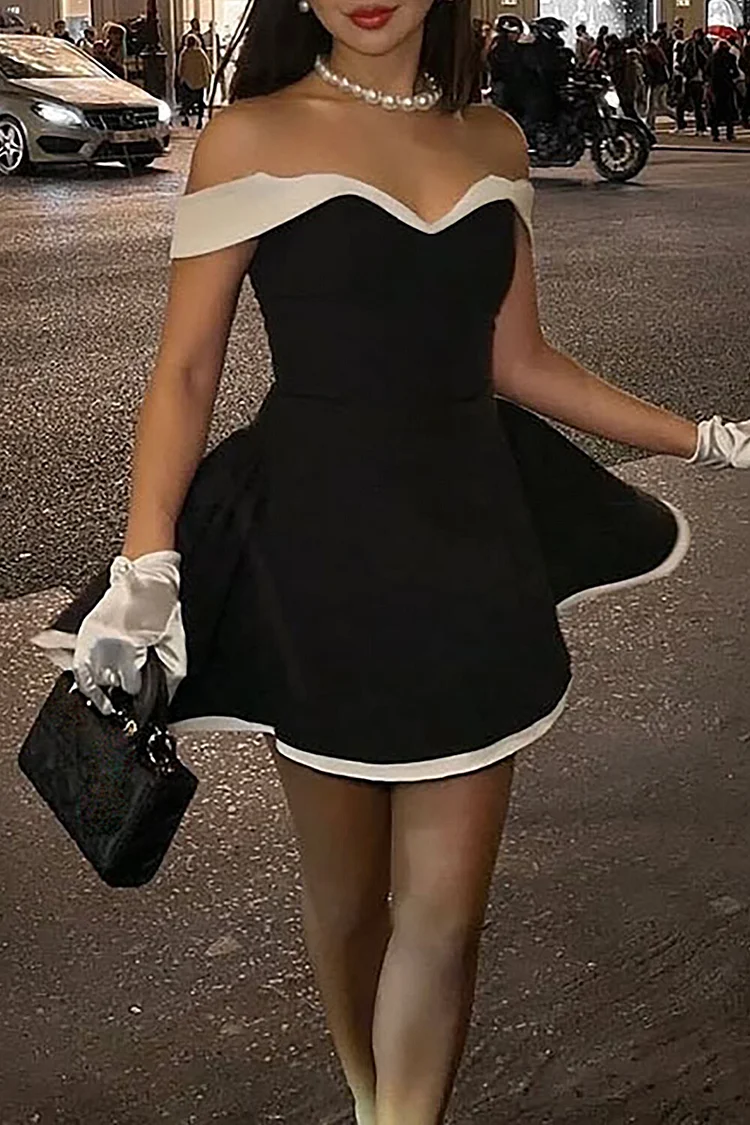 Colorblock Trim Strapless Cinch Waist Cocktail Party Mini Dresses-Black