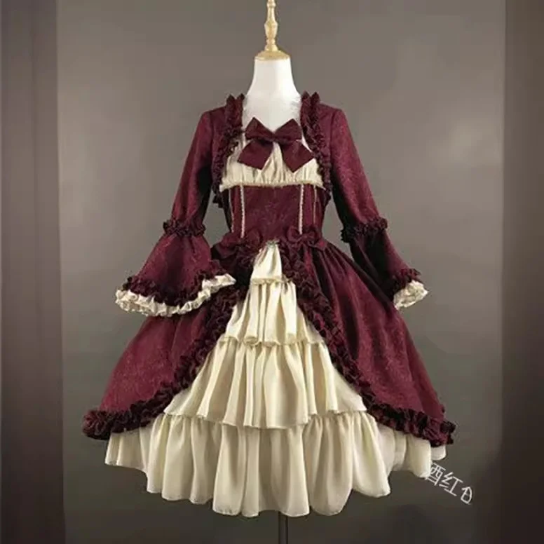 Uveng Uveng Retro Gothic Court Dress Side Collar Waist Thin Spliced Bow Design Ladies Dress Dress