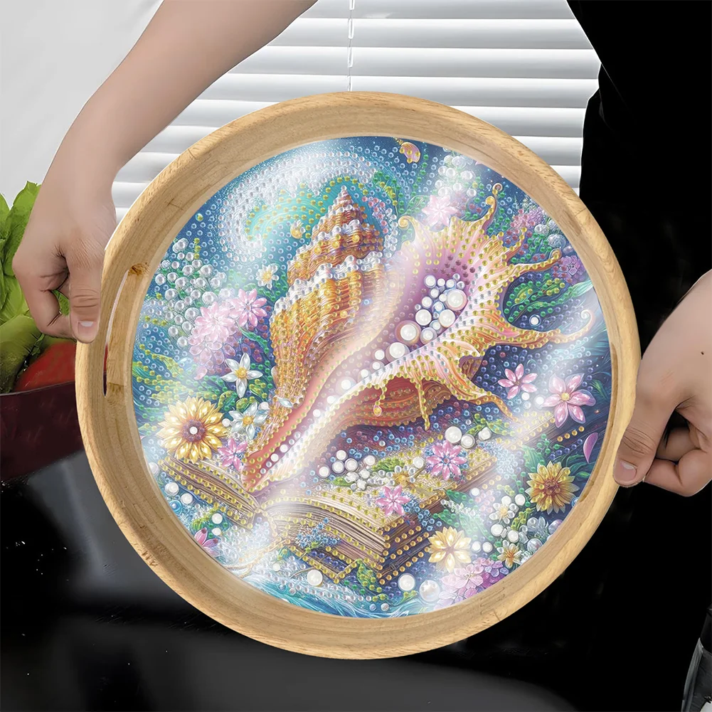 DIY Conch Shells Wooden Diamond Food Dinner Plate with Handle for Coffee Table