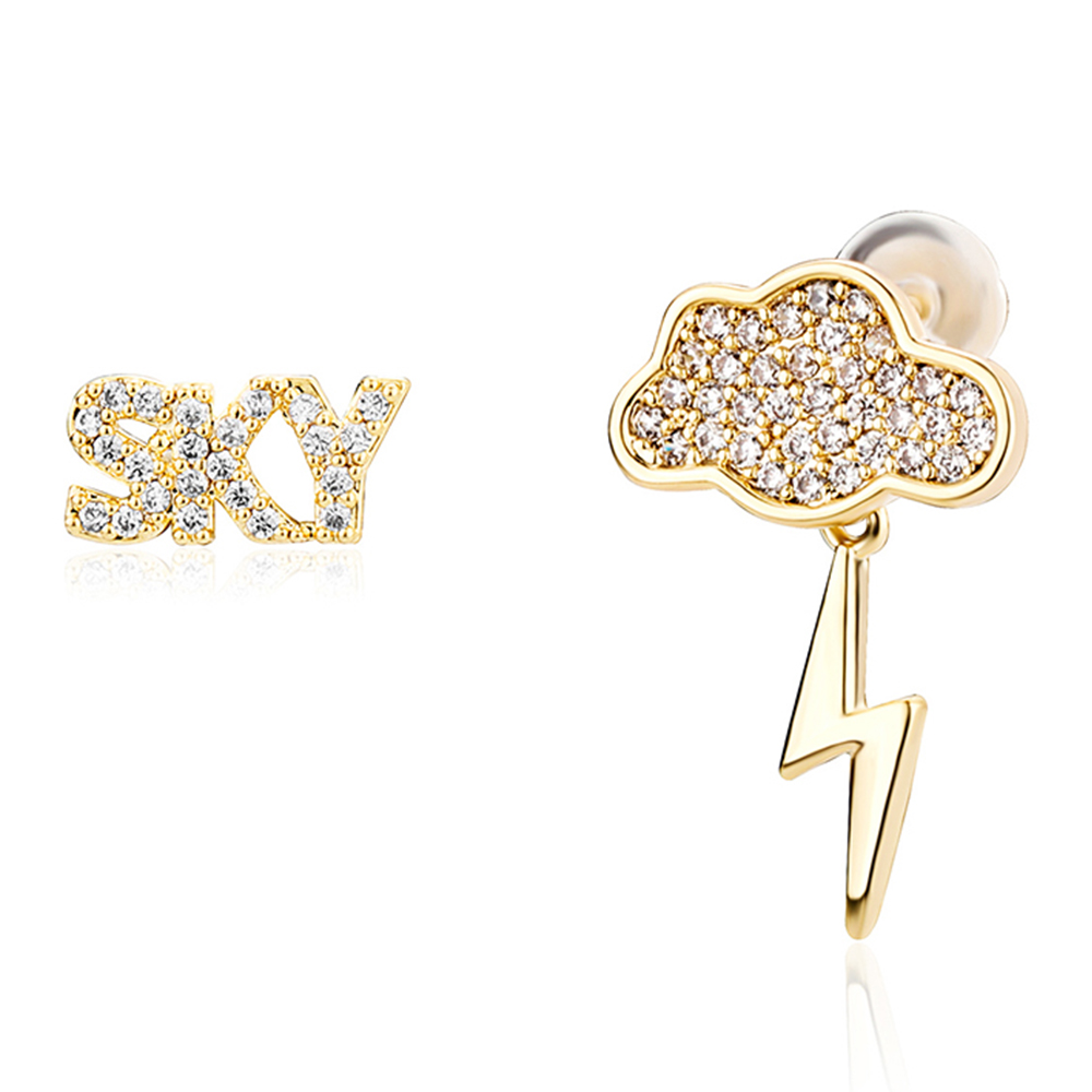 Letters SKY Cloud Lightning CZ Stone Asymmetrical Stud Earrings