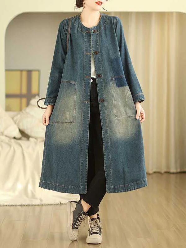 A-Line Long Sleeves Buttoned Pockets Round-Neck Midi Dresses Outerwear