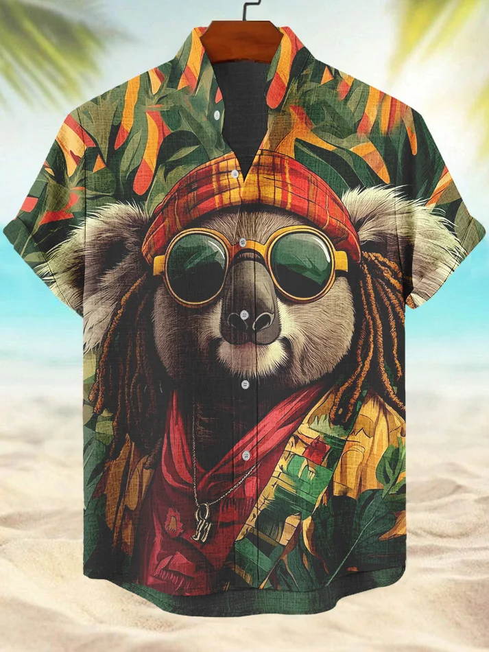 Men's Koala Black Tribal Style Tropical Art Print Casual Shirt