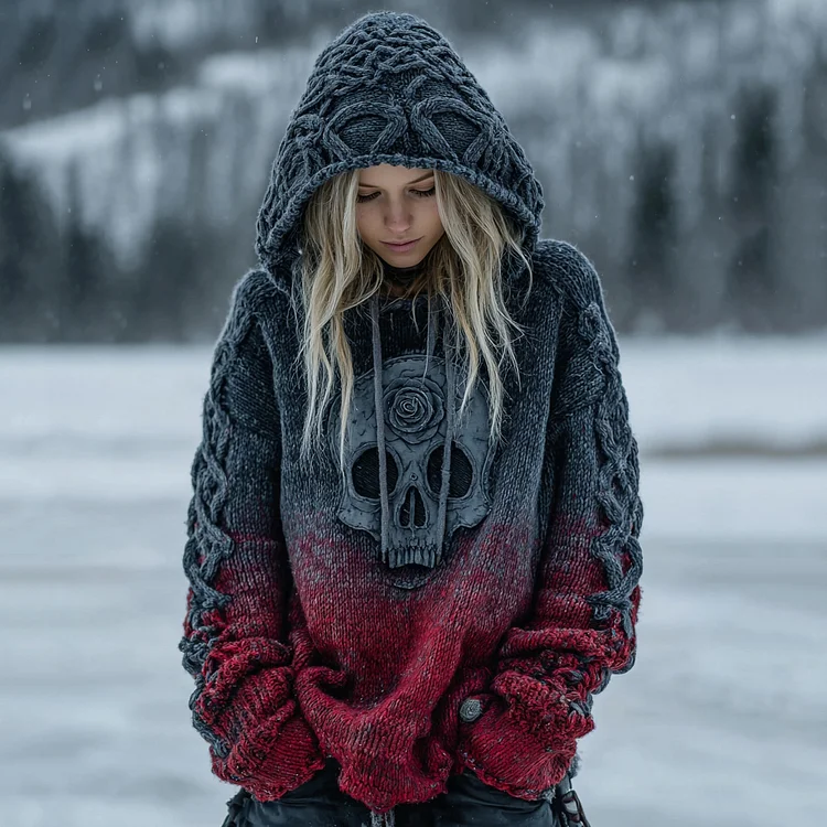 Women's Vintage Viking Tribal Celtic Skull Gradient Hooded Sweater