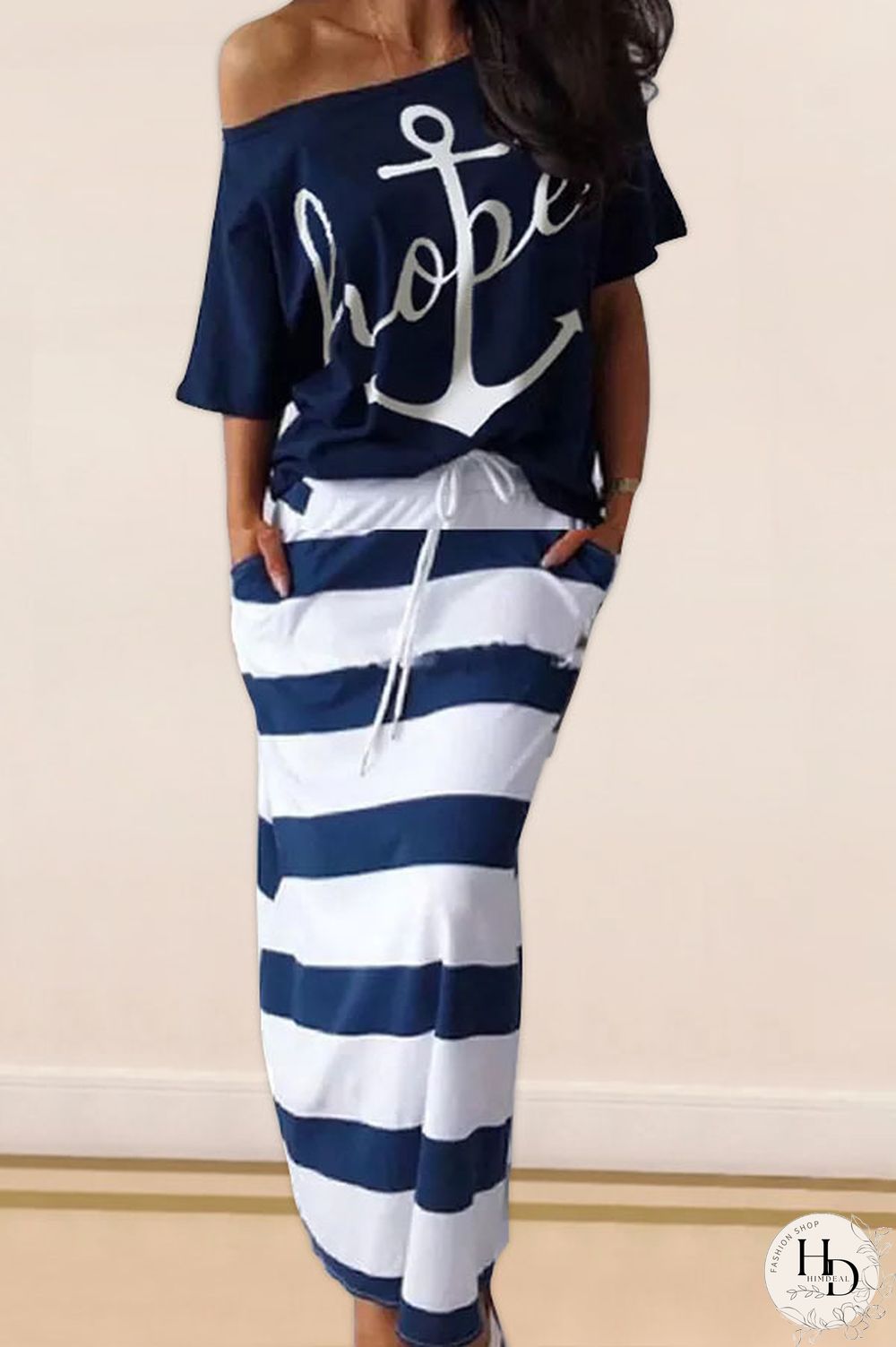 White and blue Polyester England Striped Geometric Letter Print bow-knot pencil Half Sleeve Two Pieces