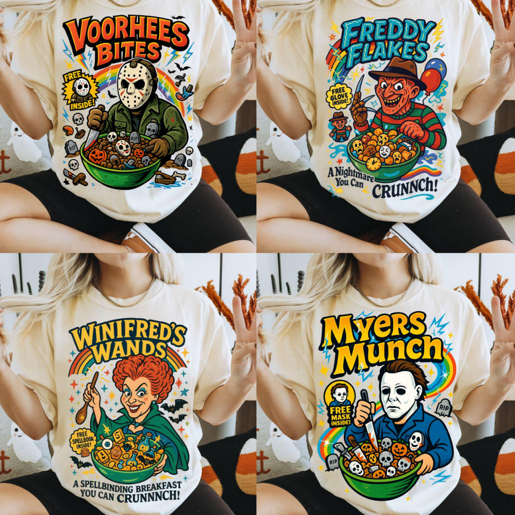 Loveyoufancy Halloween Flakes T-shirt, Funny Halloween T-shirt, Horror Character T-shirt, Retro Horror T-shirt
