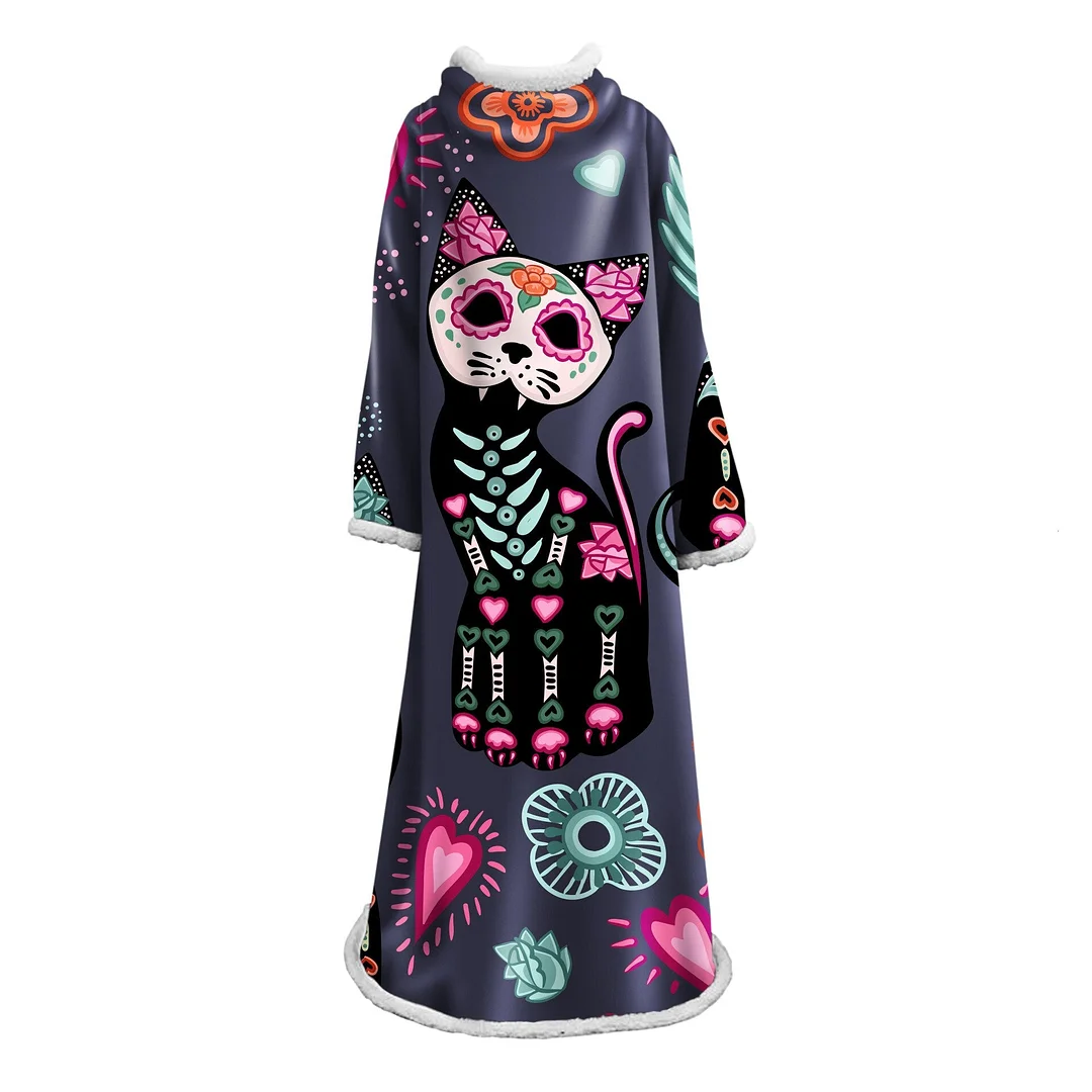 Blanket With Sleeves 3D Printed Terror Cat Microfiber Warm Sherpa Fleece Sofa Blanket Outdoor Plush Coral Manta Drop Shipping
