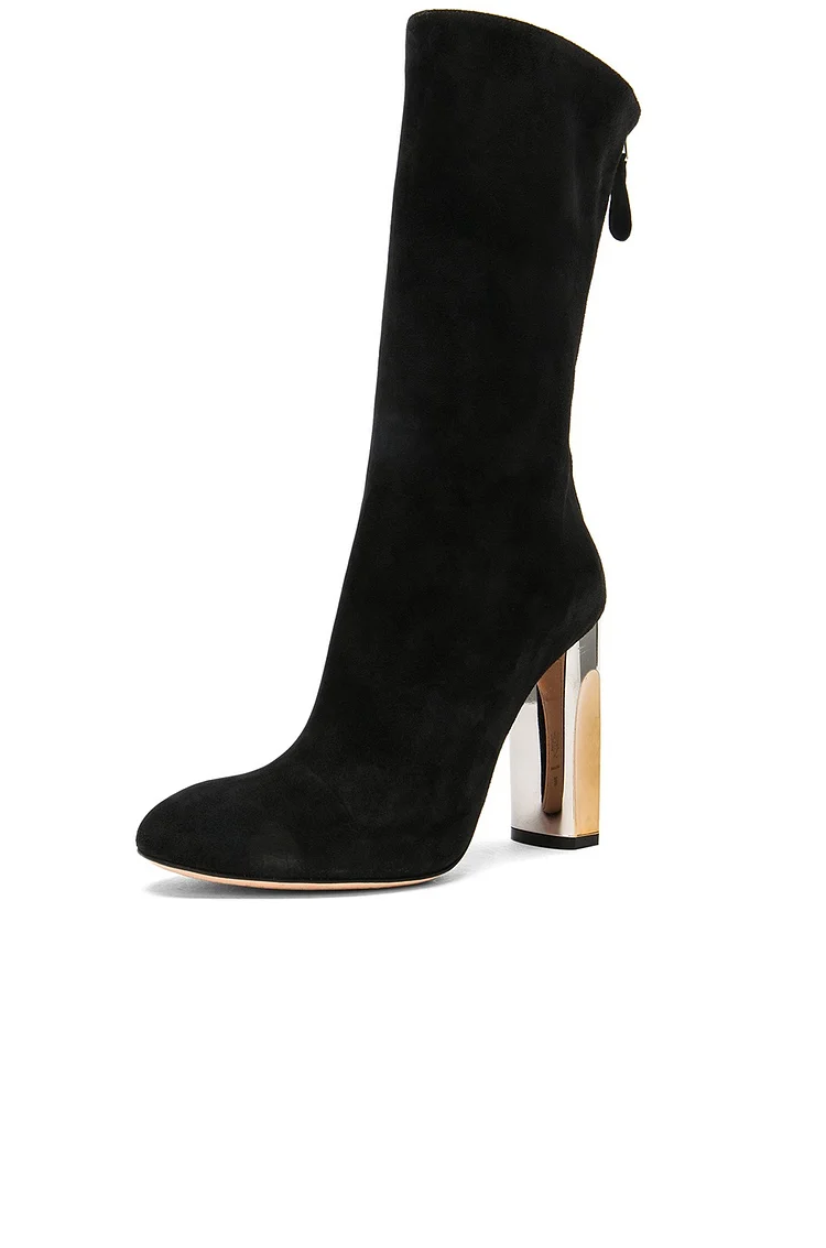 Black Mid Calf Chunky Heel Boots Vdcoo