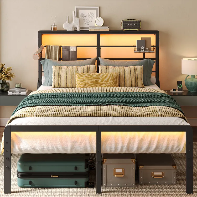 Bestier LED Bed Frame with Headboard & Charging Station, Metal Platform Bed with Adjustable Under Bed Storage