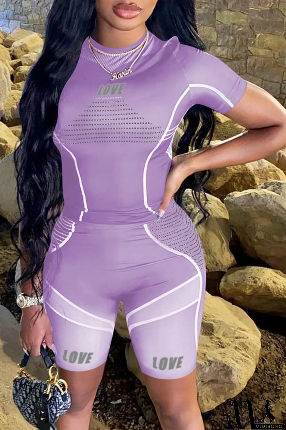 MidiSono - Purple Sexy Print Split Joint O Neck Short Sleeve Two Pieces