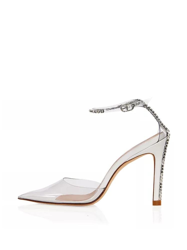 White Clear Rhinestone Pumps Buckle Ankle Strap Pointed-Toe Stiletto Heeled Pumps