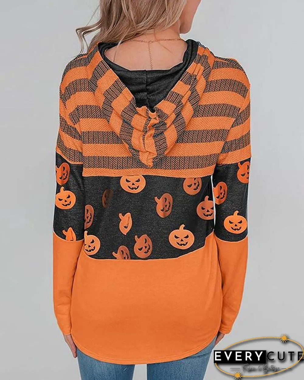 Pumpkin Print Color Block Splicing Drawstring Hoodies