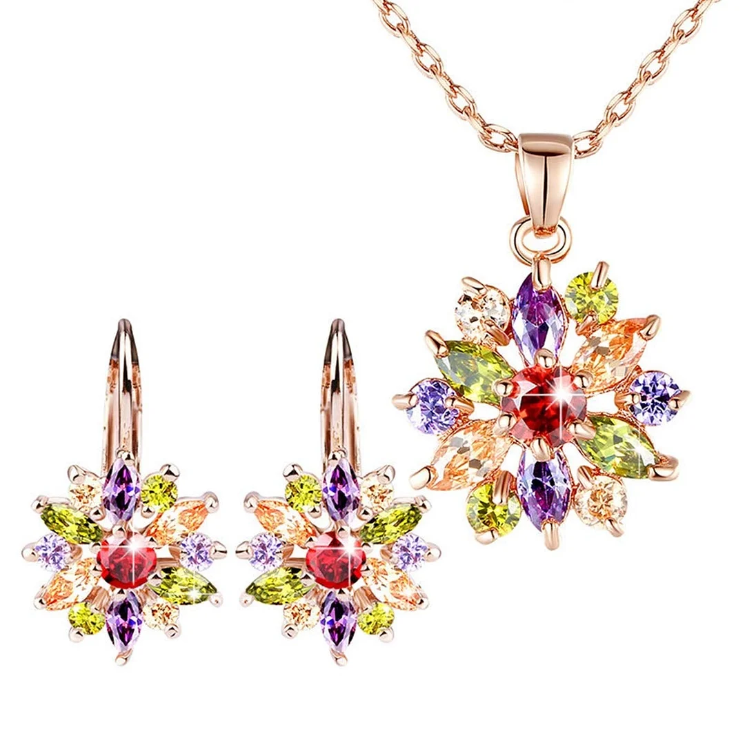 18K Rose Gold Plated Cubic Zirconia Snowflake Lever Back Earrings Necklace Set for Women CZ Jewelry Set