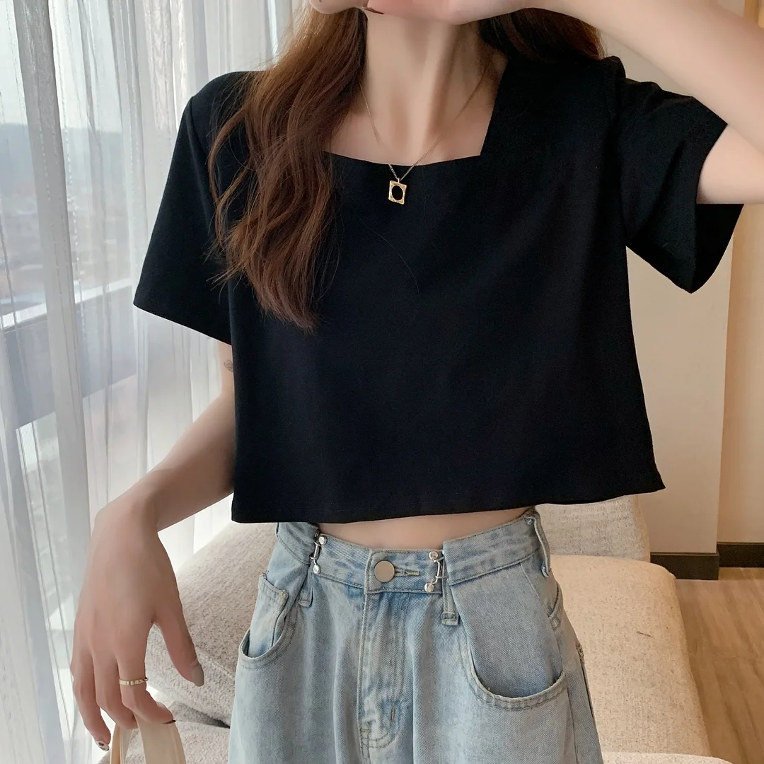 Brownm Brownm Collar Sexy Black Short-Sleeved T-Shirt Female 2024 Summer Loose Sweet Spicy Wind Design Sensible Collarbone Short Top
