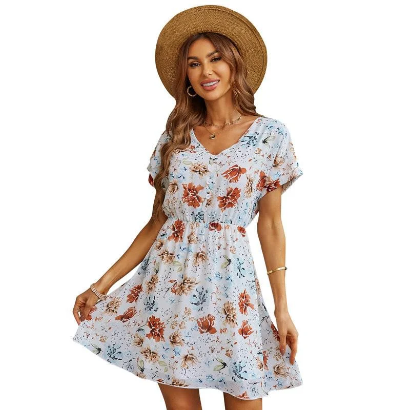 Jangj Print Short Sleeve Flared Hem Dress Summer 2022 V-neck A-line Chiffon Dress Women Boho Mini Dress Robe Women Clothes