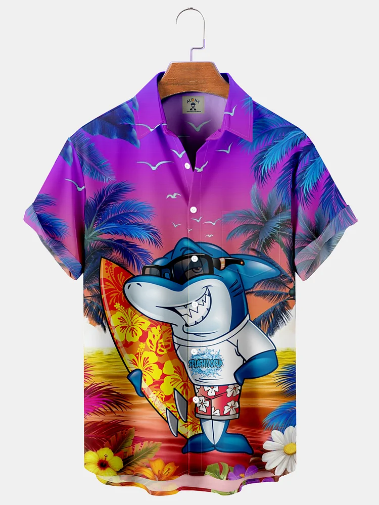 Hawaiian Fun Shark Print Pocket Short Sleeve Shirt