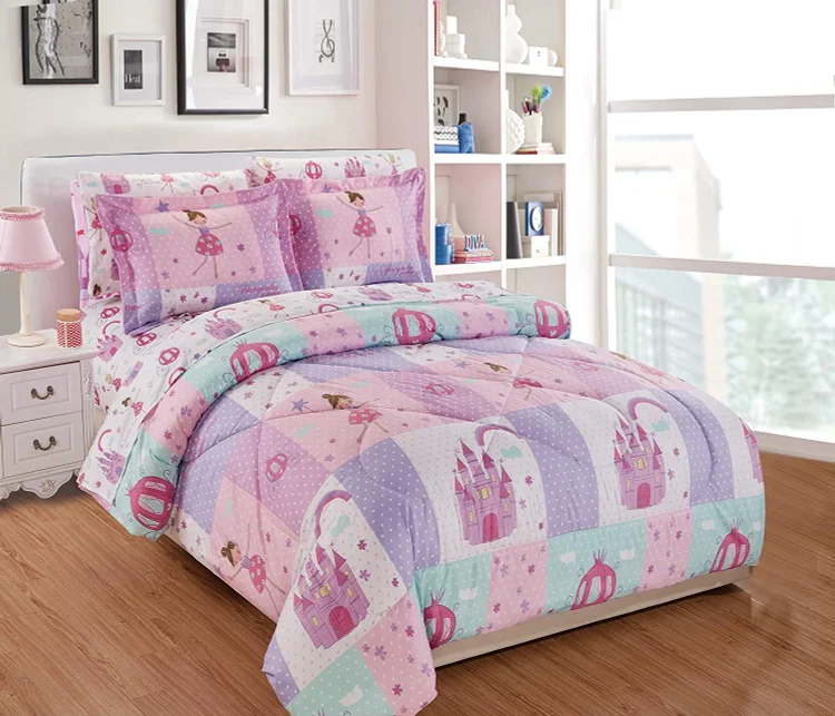 Comforter Set for Girls Princess Fairy Tales Castles Pink White Lavender