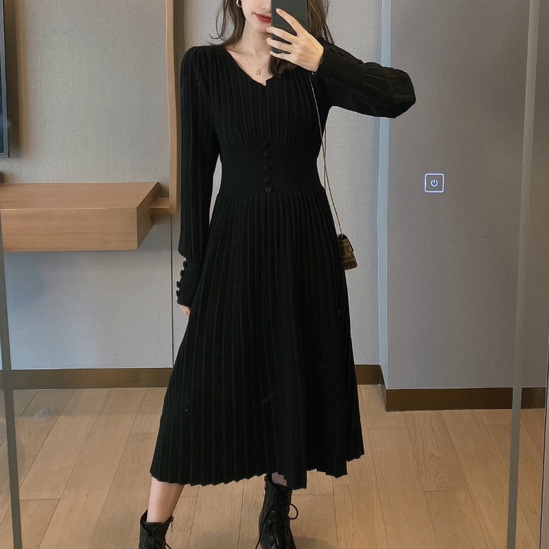 Myopiclunacy stylish dresses Knitted Dress Women Casual Long Sleeve Vintage Elegant Office Sweater Dress Female 2025 Autumn One Piece Dress Korean Outerwear