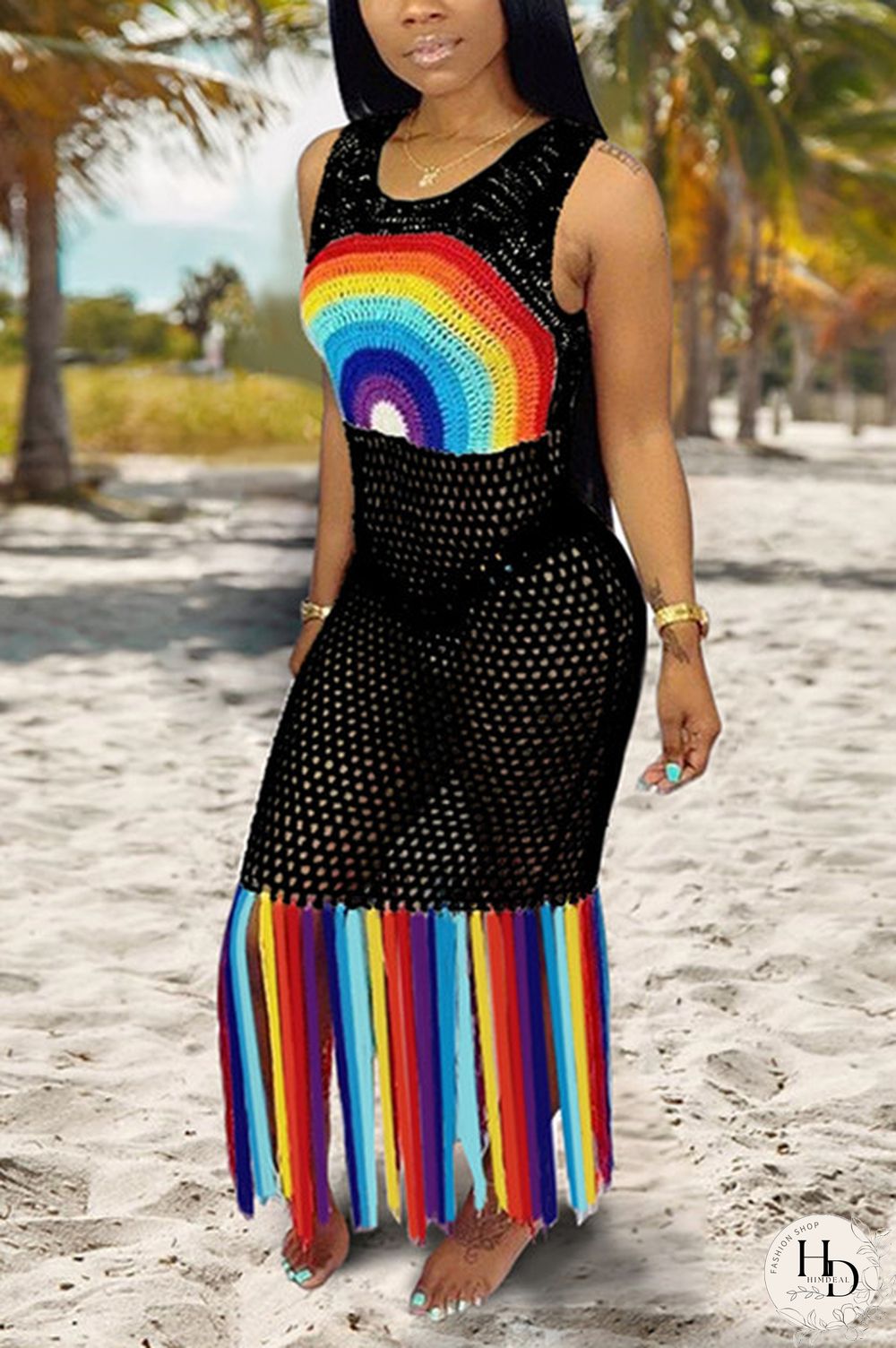 Black Fashion Sexy Mesh Print Beach Dress