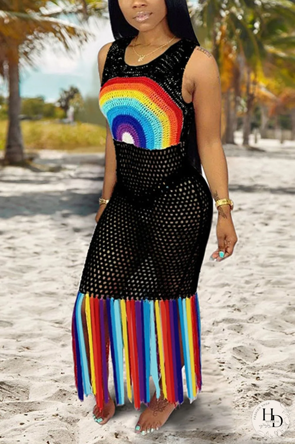 Black Fashion Sexy Mesh Print Beach Dress