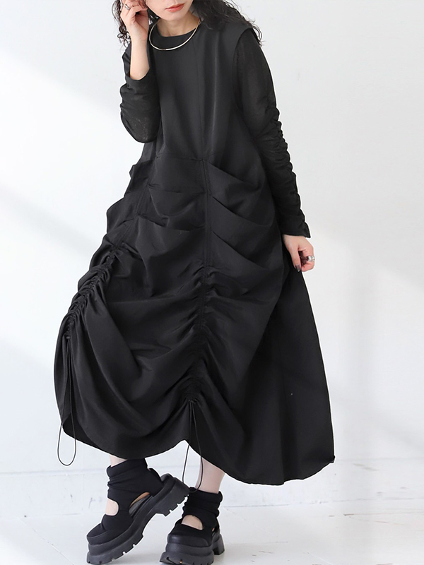 Loose Sleeveless Side Drawstring Pleated Midi Dress