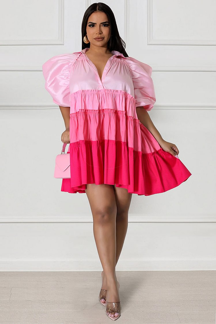 Gradient Color Block Puff Sleeve Tiered Pleated Mini Dresses