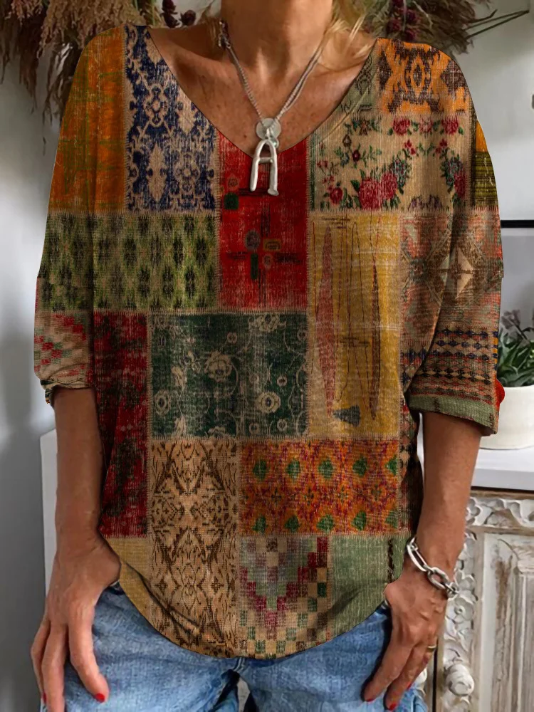 Women's Tribal Print T-Shirts Casual V-Neck Long Sleeve Abstract T-Shirt