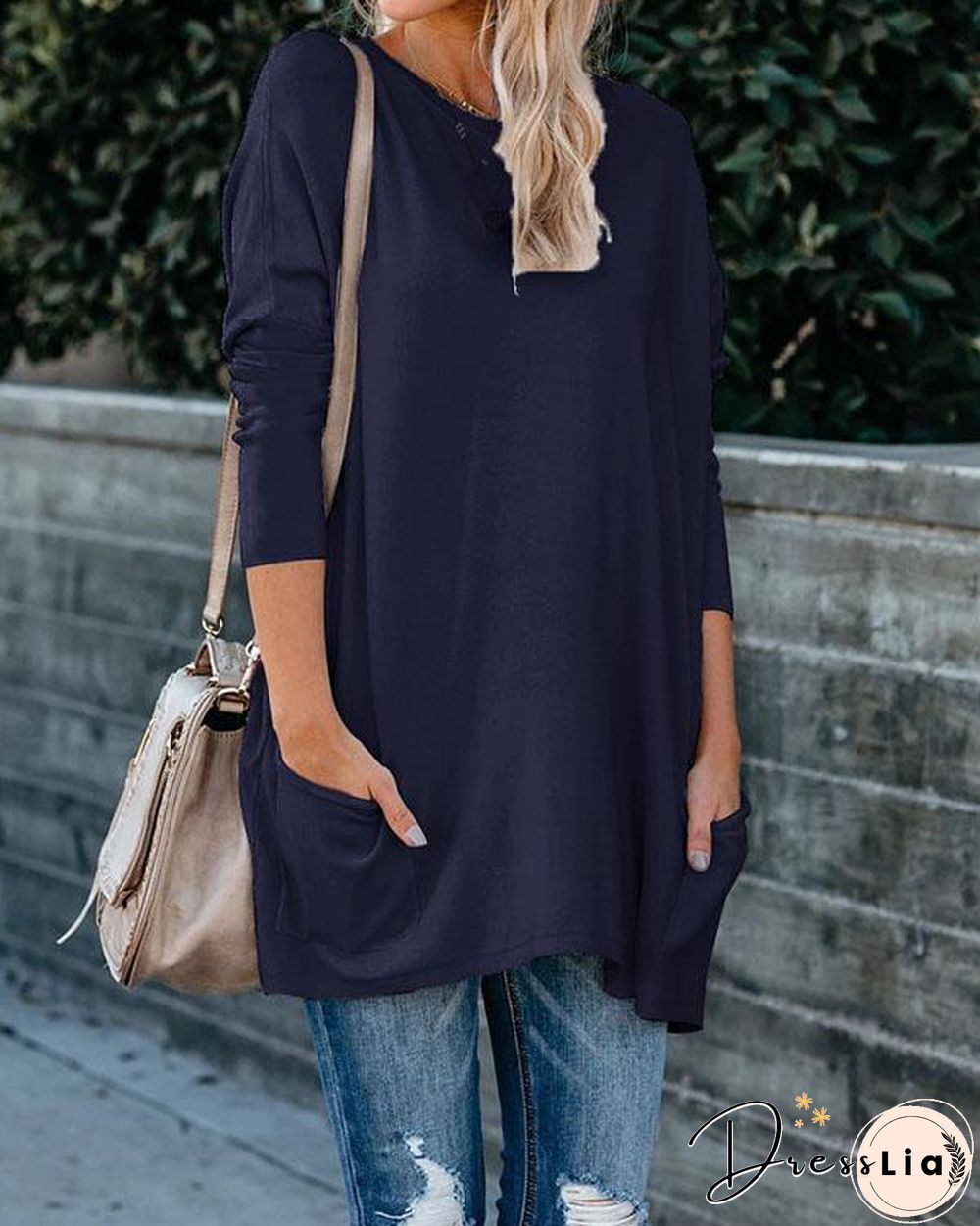 Plus Size Women Cotton Plain Color Pockets Long Sleeve Top