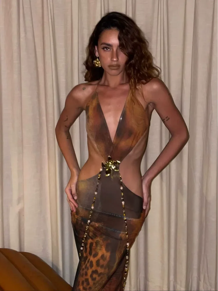 Summer Women Crystal-link Backless Slim Party Leopard Print Slim Maxi Dress