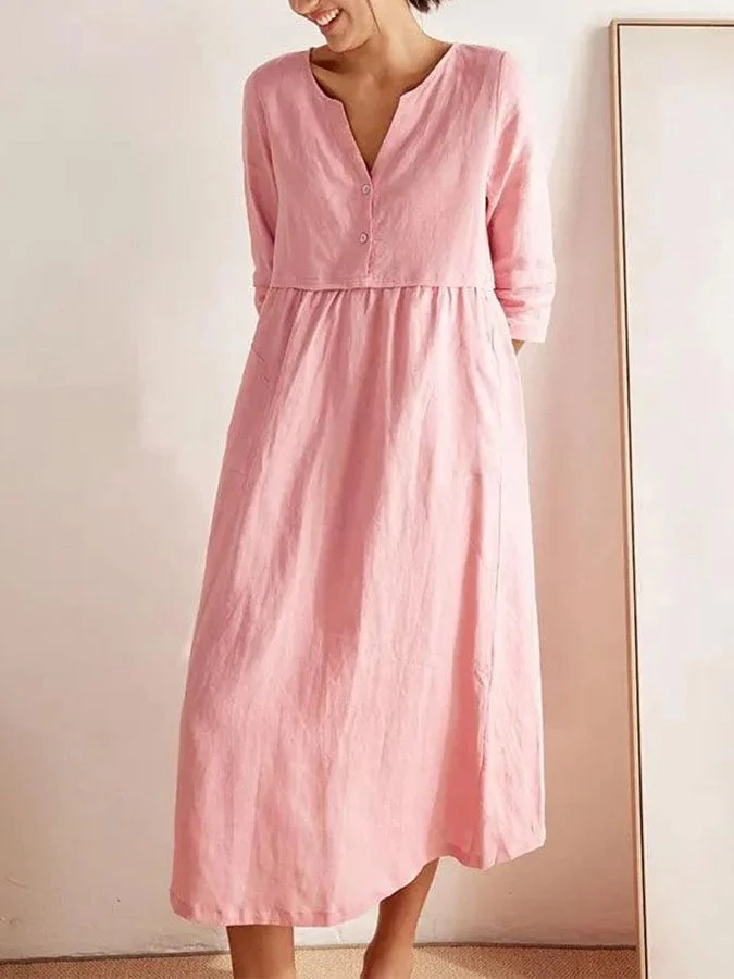 Women's Casual V-neck Solid Color Three-quarter Sleeve Button Stitching Dress