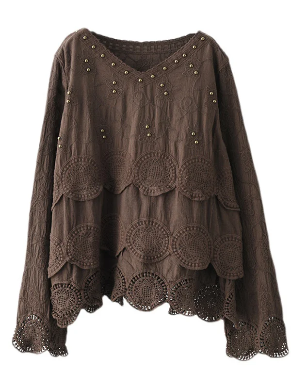 Black&Coffee Lacy Hollow V-Neck Long Sleeve Shirts