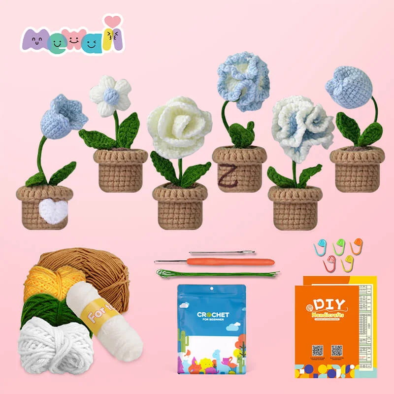 Mewaii Easy Crochet Kits For Beginner Blue Flowers and Potted Plants Beginners Crochet Kit with Easy Peasy Yarn-6pcs