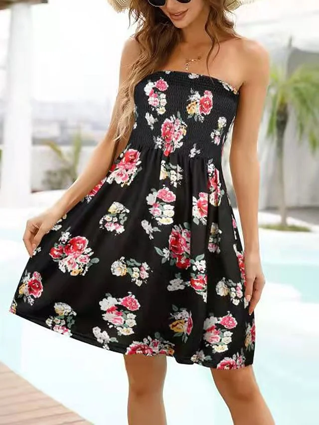Women's Beach Dress Resort Wear Beach Wear Mini Dress Backless Cold Shoulder Basic Fashion Floral Strapless Sleeveless Slim Outdoor Daily Black And White Blue and White 2023 Spring Summer S M L XL | IFYHOME
