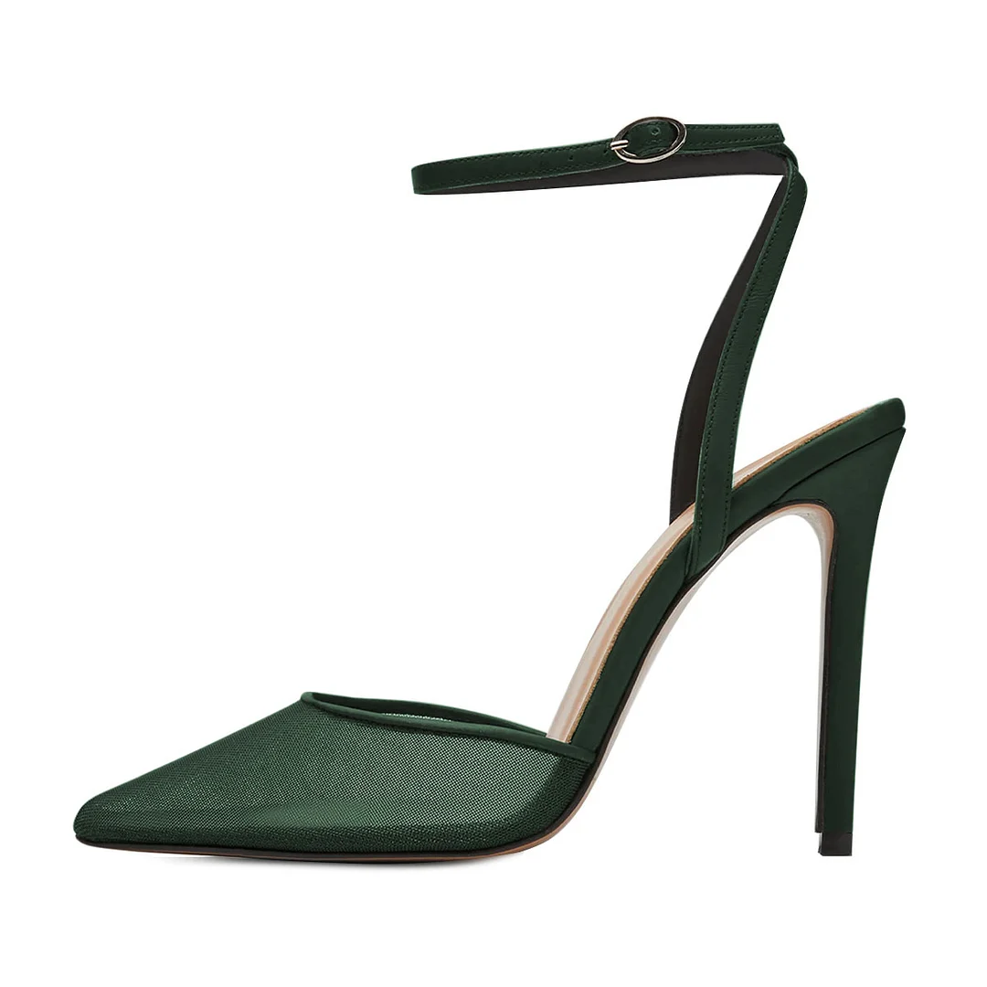 Mesh & Satin Buckle Fastening Ankle Strap Elegant Pumps in Dark Green