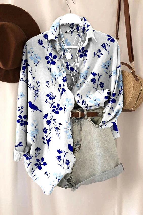 Women's Fresh Floral Long Sleeve Lapel Shirt Top socialshop