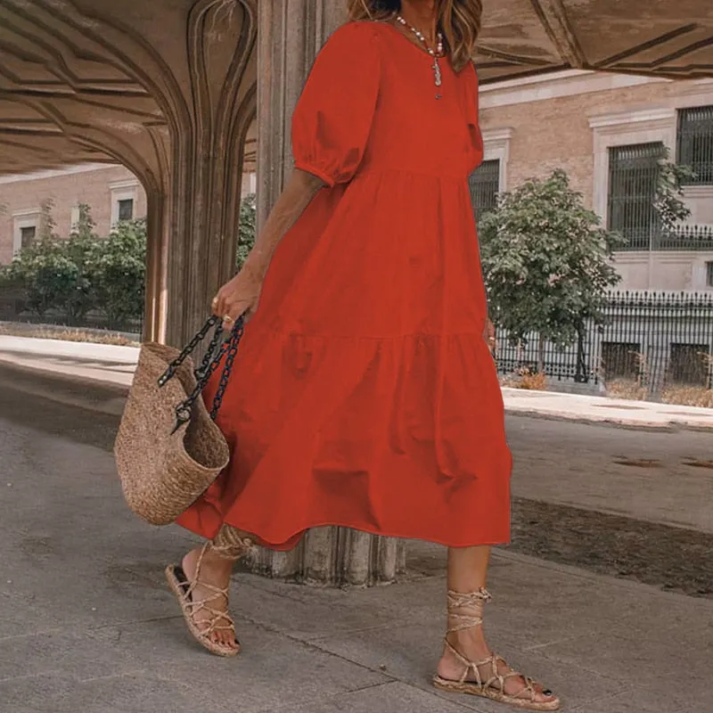 VONDA Women Summer Midi Dress Ladies Sexy Lantern Sleeve Beach Sundress 2022 Fashion Ruffled Casual Solid Bohemian Vestidos Robe